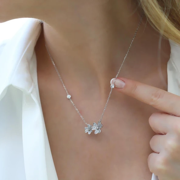 İkili Yonca Zirkon Taşlı Gümüş Kolye - Resim 2