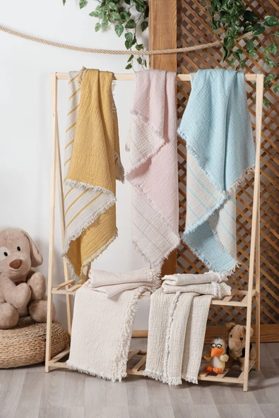 Bebek & Çocuk Müslin Örtü / % 100 Pamuklu - Çok Amaçlı Çizgili - Yeni - Pamuksu Yumuşaklık 120x120cm - 2