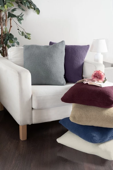 Peluş Teddy Puffy 2'li Dekoratif Yastık Kırlent Kılıfı Çift Taraflı 43x43 - 2
