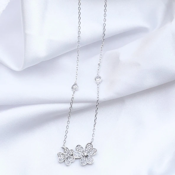 İkili Yonca Zirkon Taşlı Gümüş Kolye - Resim 3