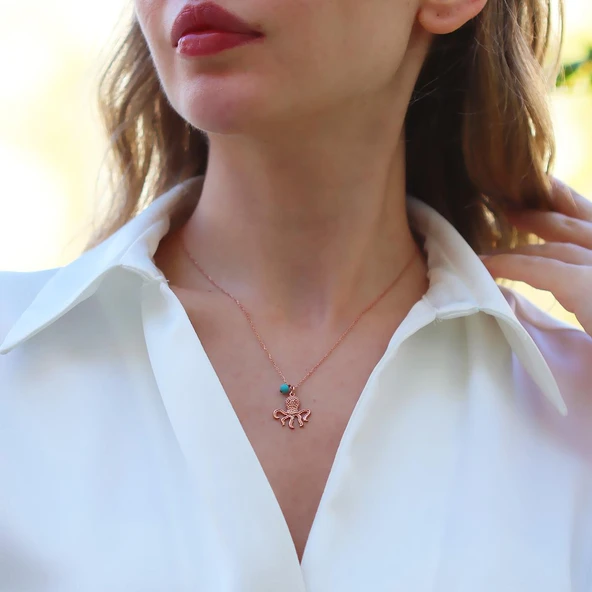 Ahtapot Rose Gold Turkuaz Taşlı Gümüş Kolye - Resim 2
