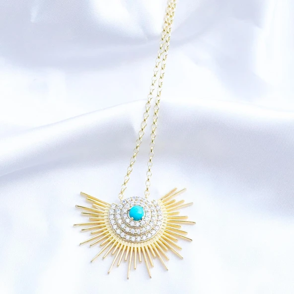 Güneş Model Turkuaz Taşlı Gümüş Kolye - Resim 4
