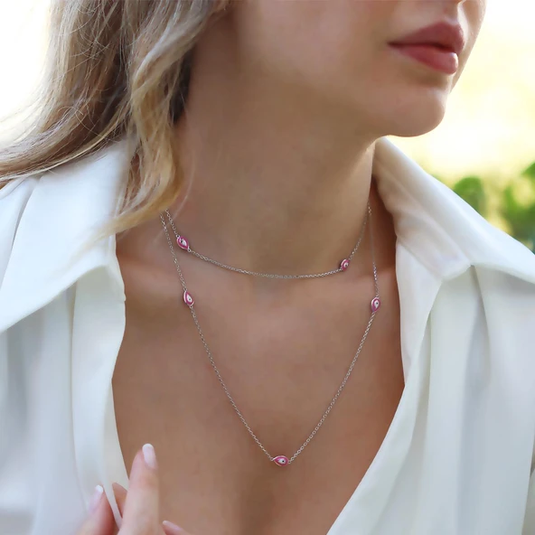 Pembe Mineli Damla Model Gümüş Zincir - Resim 3