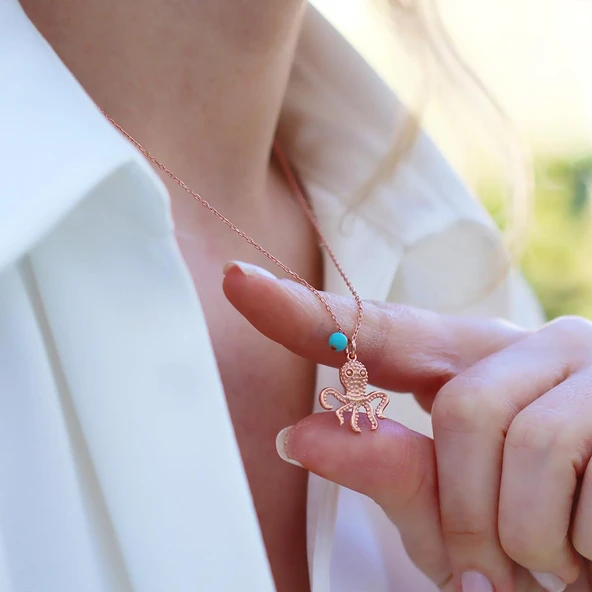Ahtapot Rose Gold Turkuaz Taşlı Gümüş Kolye ürün görseli 1
