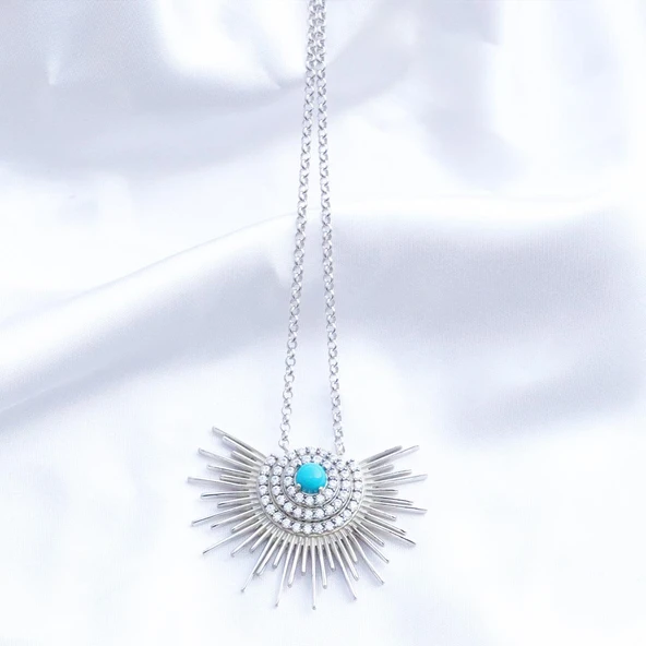 Güneş Model Turkuaz Taşlı Gümüş Kolye - Resim 8