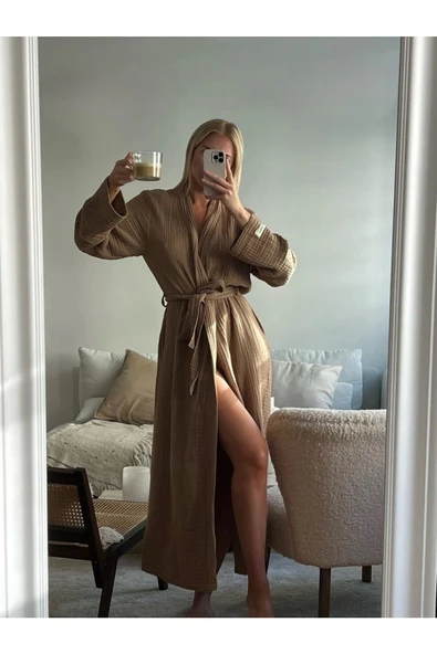 Unisex Müslin Bornoz / Sabahlık % 100 Pamuk Bej - 6