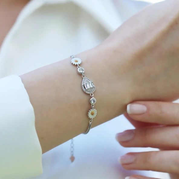Damla Taşlı Papatya Gümüş Bileklik - Resim 3