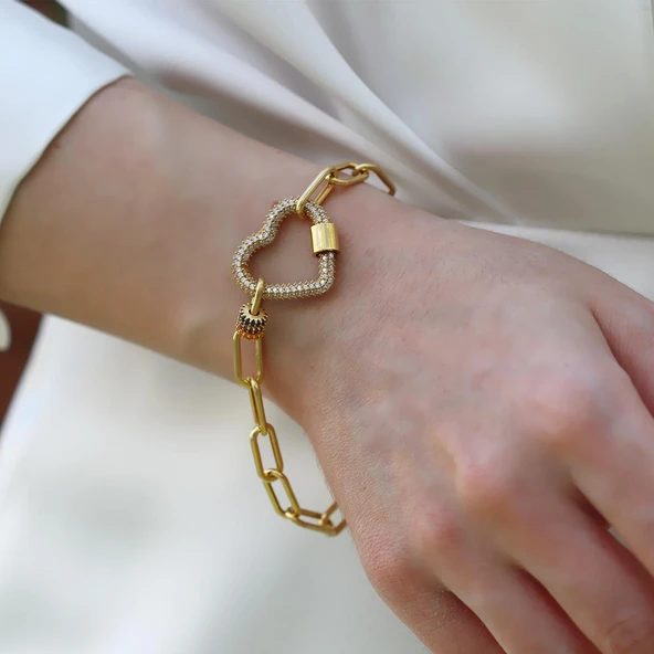 Kalp Apm Zirkon Taşlı Gold Gümüş Bileklik - Resim 10