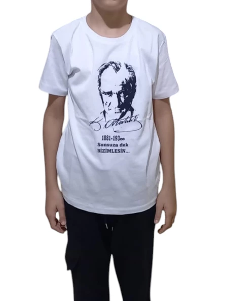 SALARTİCARET Atatürk Baskı Ve İmzalı Kısa Kol Beyaz T-Shirt