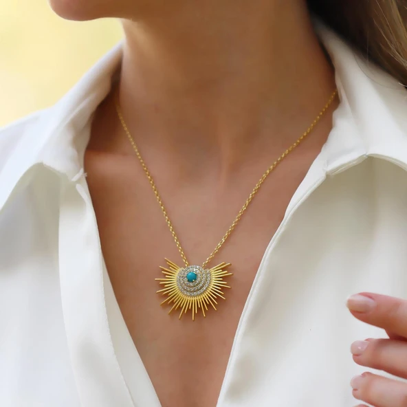 Güneş Model Turkuaz Taşlı Gümüş Kolye ürün görseli 1