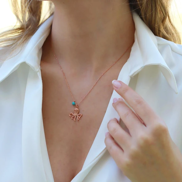 Ahtapot Rose Gold Turkuaz Taşlı Gümüş Kolye - Resim 3