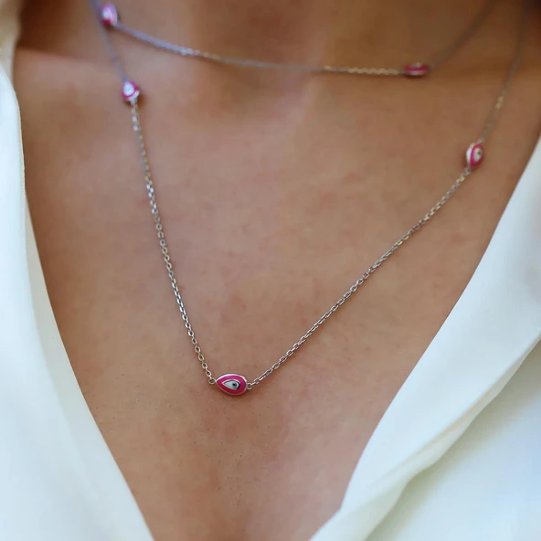 Pembe Mineli Damla Model Gümüş Zincir - Resim 4