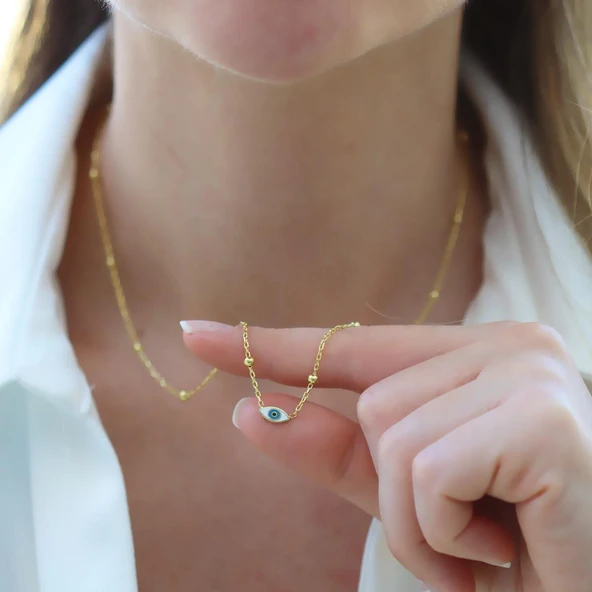 Göz Top Zincirli Trend Gold Gümüş Kolye - Resim 4