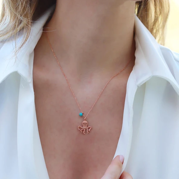 Ahtapot Rose Gold Turkuaz Taşlı Gümüş Kolye - Resim 4
