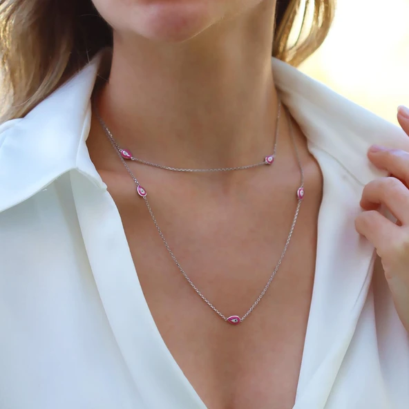 Pembe Mineli Damla Model Gümüş Zincir ürün görseli 1