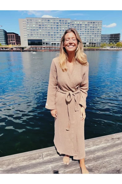 Unisex Müslin Bornoz / Sabahlık % 100 Pamuk Bej - 5