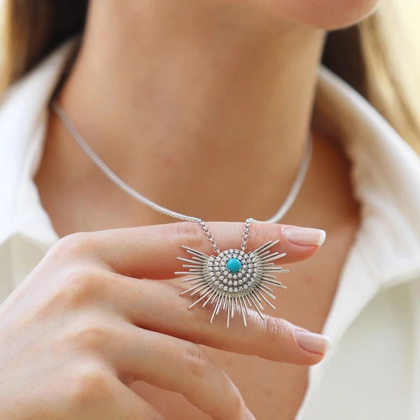 Güneş Model Turkuaz Taşlı Gümüş Kolye - Resim 7