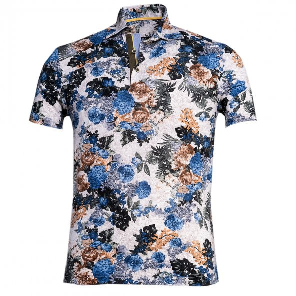 Mavi Kahverengi Çiçek Baskılı Retro Polo Yaka Kısakol Erkek Tişört