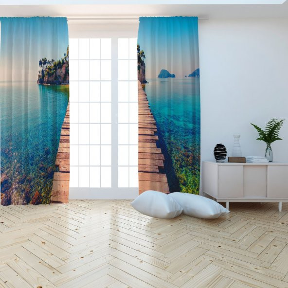 Fon Perde Tasarım Dekor Deniz Altı Görünümü Deniz Ada Desenli Dijital Baskılı Çift Kanat 150+150 Toplam 300 cm - Resim 3