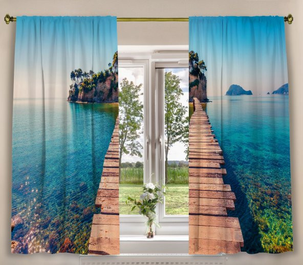 Fon Perde Tasarım Dekor Deniz Altı Görünümü Deniz Ada Desenli Dijital Baskılı Çift Kanat 150+150 Toplam 300 cm - Resim 5
