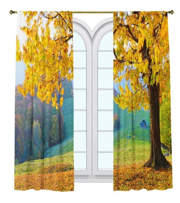 Fon Perde Tasarım Dekor Yayla Manzaralı Sarı Yaprak Ağaç Desenli Dijital Baskılı Çift Kanat 150+150 Toplam 300 cm