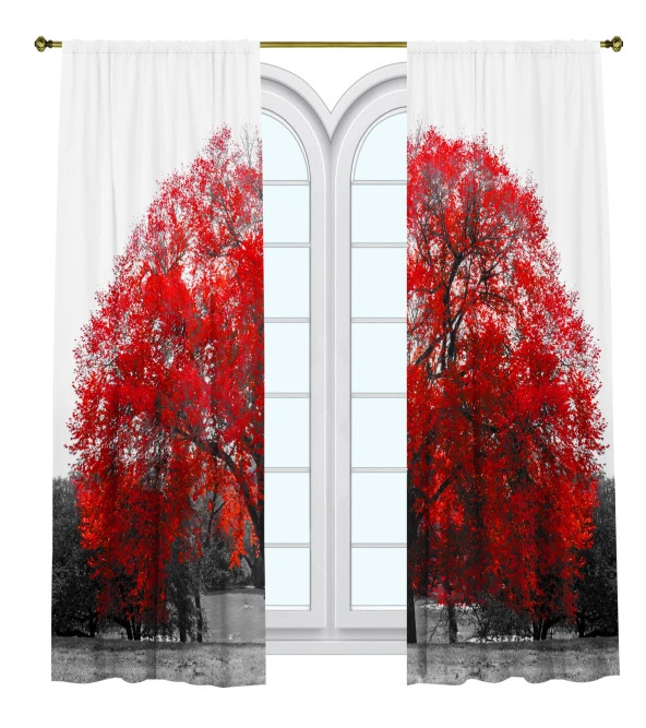 Fon Perde Tasarım Dekor Nostalji Manzara Kırmızı Ağaç Desenli Dijital Baskılı Çift Kanat 150+150 Toplam 300 cm