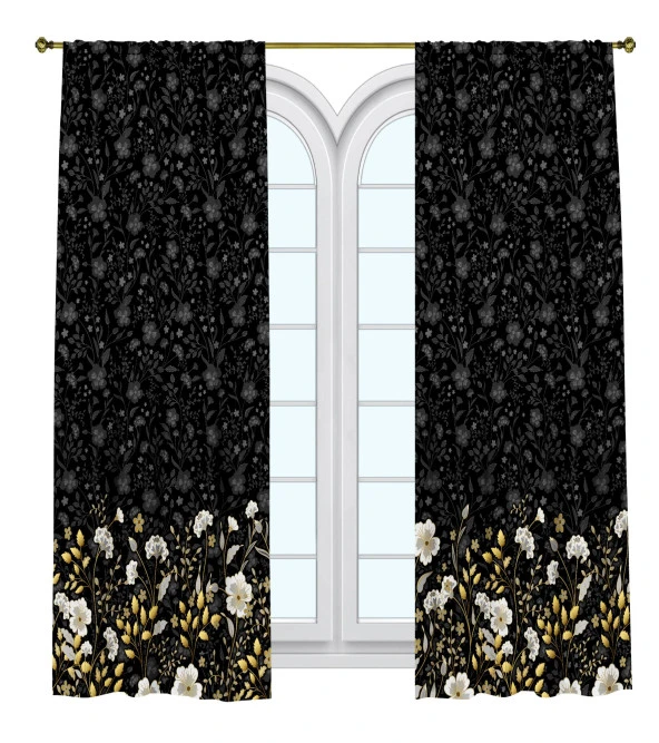 Fon Perde Tasarım Dekor Çıtır Çiçekler Ve Yaprak Siyah Desenli Dijital Baskılı Çift Kanat 150+150 Toplam 300 cm