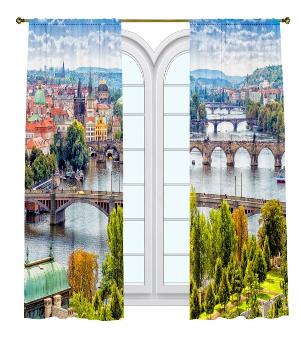 Fon Perde Tasarım Dekor Vltava Nehri Ve Prag Tarihi Köprü Desenli Dijital Baskılı Çift Kanat 150+150 Toplam 300 cm