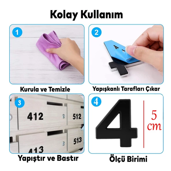 Yapışkanlı Kapı Numarası Küçük Boy 50 mm 5 cm Numara 4 Rakam Dört Sayı Siyah Renk Numaralar 1 Adet - 2