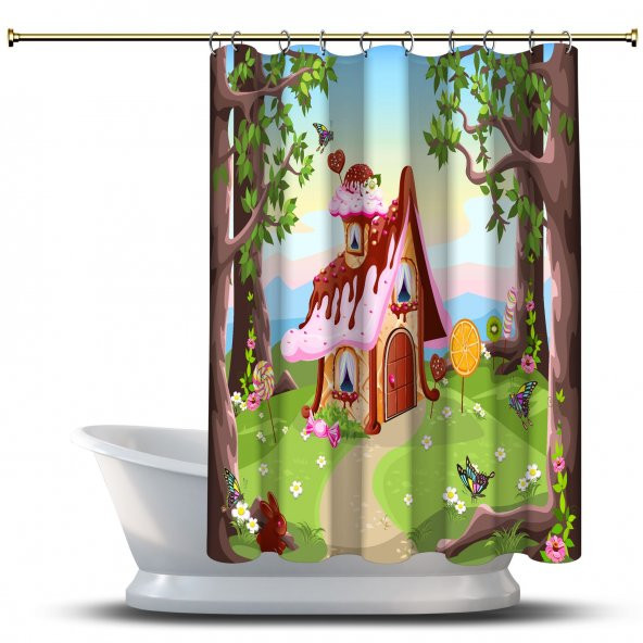 Banyo Duş Perdesi Tasarım Dekor Çikolata Ev Ve Şekerli Orman Dijital Baskılı En 175 cm
