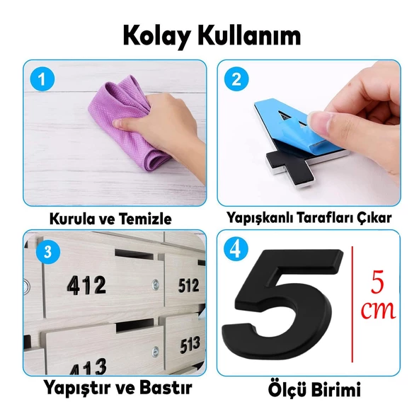 Yapışkanlı Kapı Numarası Küçük Boy 50 mm 5 cm Numara 5 Rakam Beş Sayısı Siyah Renk Numaralar 1 Adet - 2