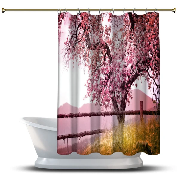Banyo Duş Perdesi Tasarım Dekor Doğa Manzara Pembe Bahar Çiçekler Dijital Baskılı En 175 cm