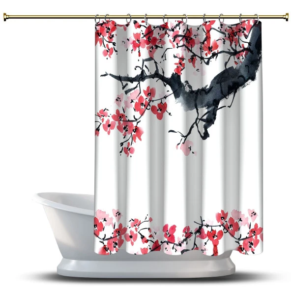 Banyo Duş Perdesi Tasarım Dekor Suluboya Ağaç Dalı Pembe Çiçek Dijital Baskılı En 175 cm