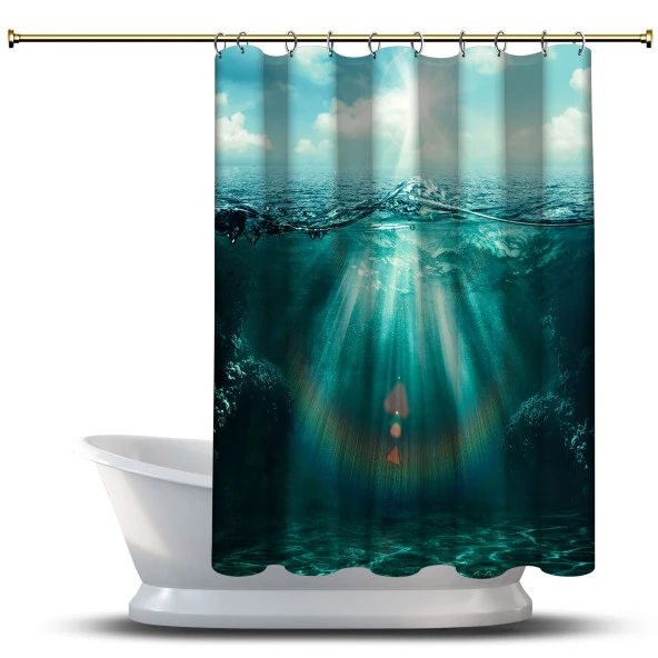 Banyo Duş Perdesi Tasarım Dekor Okyanus Uçurum Mavi Yeşil Deniz Dijital Baskılı En 175 cm