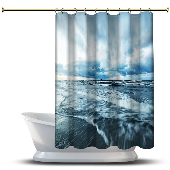 Banyo Duş Perdesi Tasarım Dekor Bulutlar Ve Fırtına Dalga Denizi Dijital Baskılı En 175 cm