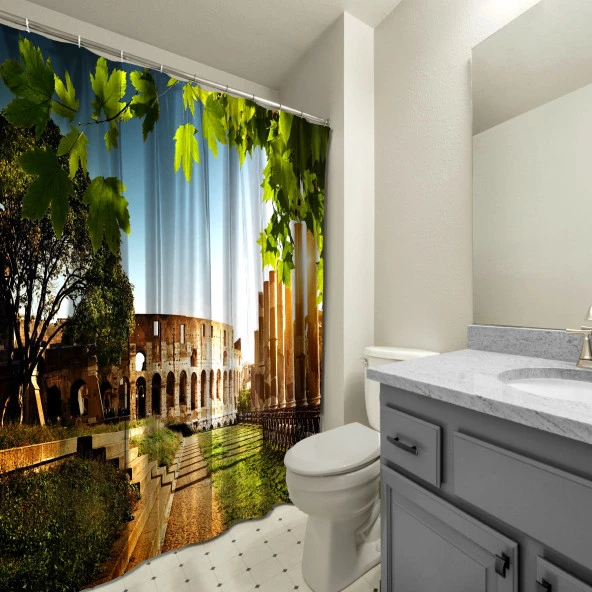 Banyo Duş Perdesi Tasarım Dekor Kolezyum Roma İtalya Ağaç Manzara Dijital Baskılı En 175 cm - 3