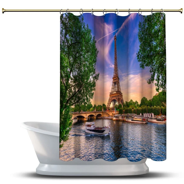 Banyo Duş Perdesi Tasarım Dekor Fransada Eyfel Kulesi Gün Batımı Dijital Baskılı En 175 cm