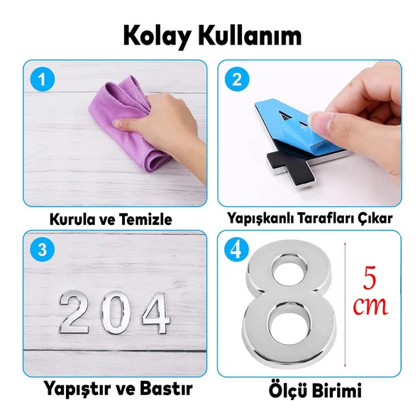Kapı Numarası Yapışkanlı Küçük Boy 50 mm 5 cm Numara 8 Rakam Sekiz Sayı Krom Renk Numaralar - 2