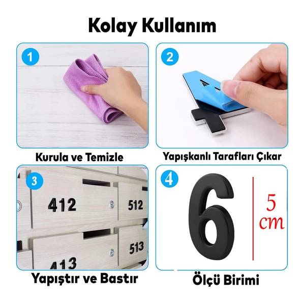 Yapışkanlı Kapı Numarası Küçük Boy 50 mm 5 cm Numara 6 Rakam Altı Sayı Siyah Renk Numaralar 1 Adet - 2