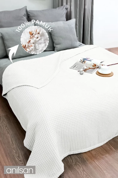 Çift Kişilik Beyaz Waffle Desenli Pike - %100 Pamuk, Yumuşak ve Dayanıklı Otel Pike