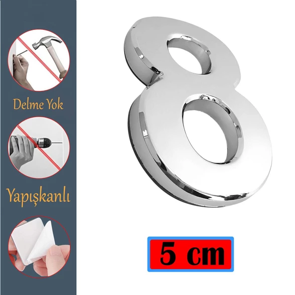 Kapı Numarası Yapışkanlı Küçük Boy 50 mm 5 cm Numara 8 Rakam Sekiz Sayı Krom Renk Numaralar