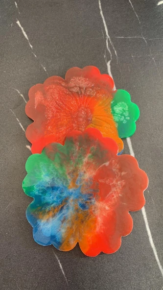 Kırmızı Turuncu Yeşil Su Mavi Gökkuşağı Renkli Çiçek Şekil Epoksi Bardak Altlığı El Yapımı Hediyelik - 4