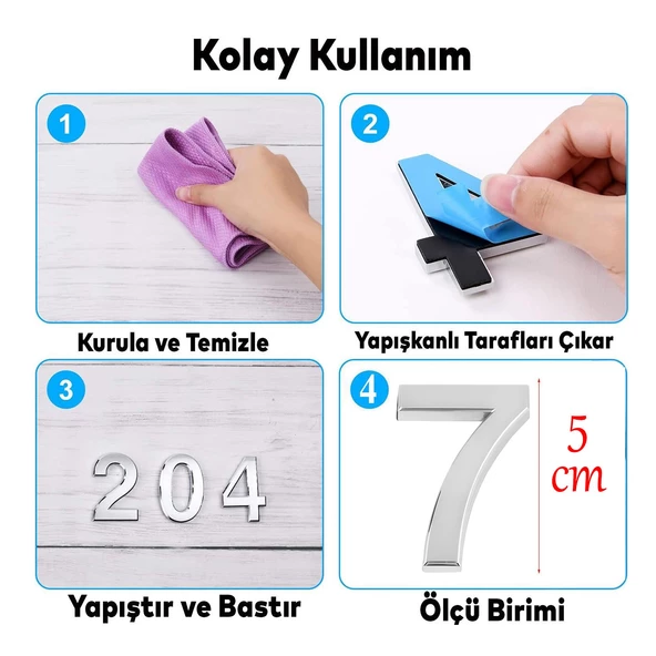 Kapı Numarası Yapışkanlı Küçük Boy 50 mm 5 cm Numara 7 Rakam Yedi Sayısı Krom Renk Numaralar 1 Adet - 2