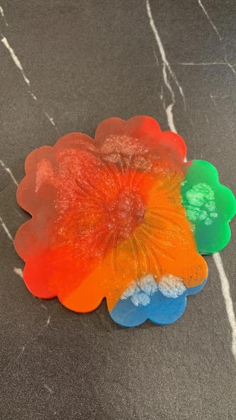 Kırmızı Turuncu Yeşil Su Mavi Gökkuşağı Renkli Çiçek Şekil Epoksi Bardak Altlığı El Yapımı Hediyelik - 3