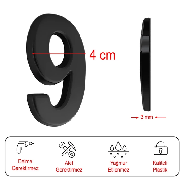 Yapışkanlı Kapı Numarası Küçük Boy 50 mm 5 cm Numara 9 Rakam Dokuz Sayı Siyah Renk Numaralar 1 Adet - 3