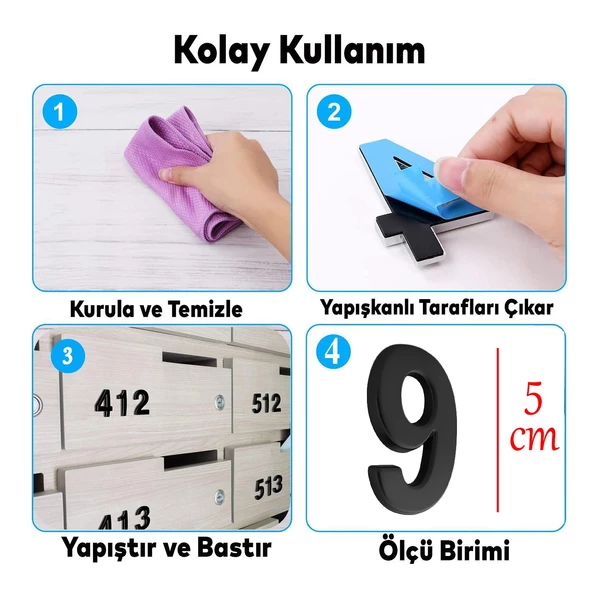Yapışkanlı Kapı Numarası Küçük Boy 50 mm 5 cm Numara 9 Rakam Dokuz Sayı Siyah Renk Numaralar 1 Adet - 2