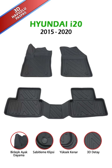 Havuzlu 3d Siyah Paspas Takımı, HYUNDAI i20 2015-2020 Arası 3d Havuzlu Paspas, HediyeAraç Kokusu - 2