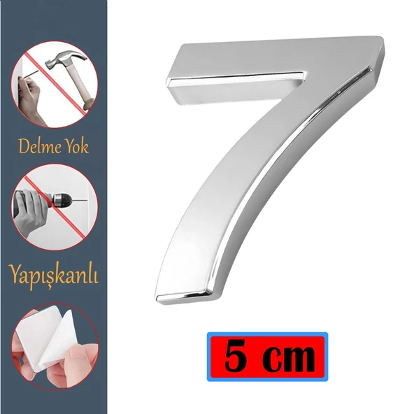 Kapı Numarası Yapışkanlı Küçük Boy 50 mm 5 cm Numara 7 Rakam Yedi Sayısı Krom Renk Numaralar 1 Adet