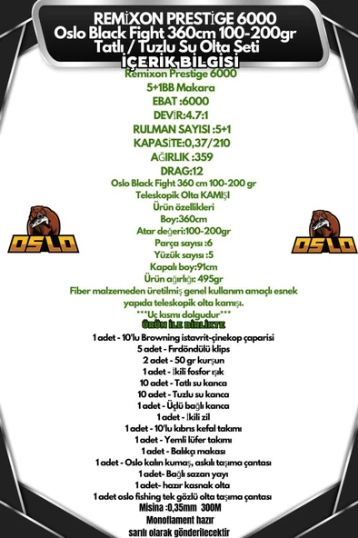 Oslo Black Fight 360cm 100-200gr Remixon Prestige 6000 Tatlı/Tuzlu Olta Seti - Resim 2