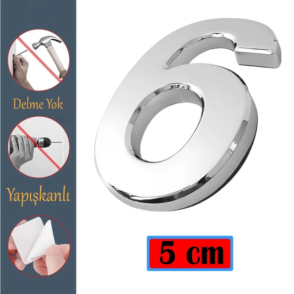 Kapı Numarası Yapışkanlı Küçük Boy 50 mm 5 cm Numara 6 Rakam Altı Sayısı Krom Renk Numaralar 1 Adet